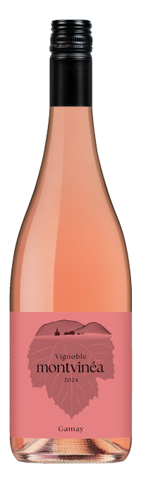 Bouteille de Gamay rosé 2024 Montvinea au design épuré, idéale pour illustrer un vin frais d’été.